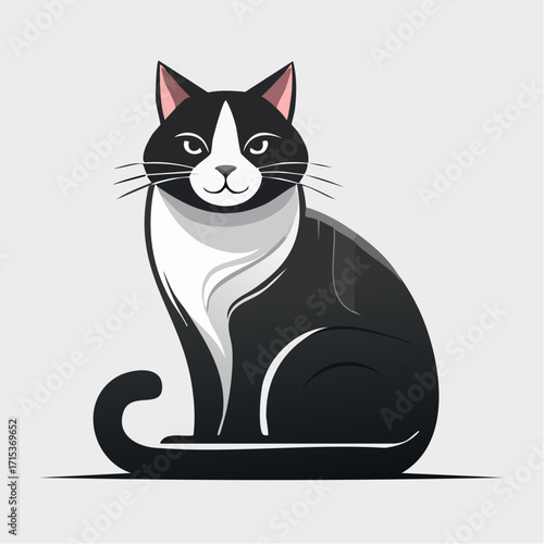 Minimalist vector illustration of a charming black and white cat sitting on a clean white background