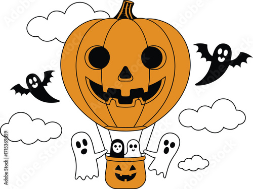 Jack o lantern hot air balloon with ghosts and clouds
