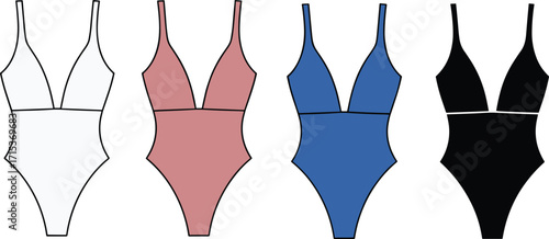 Modern, high-leg, one-piece swimsuit technical illustration, featuring a deep V-neckline and high waistline, perfect for swimwear design and apparel mockups.