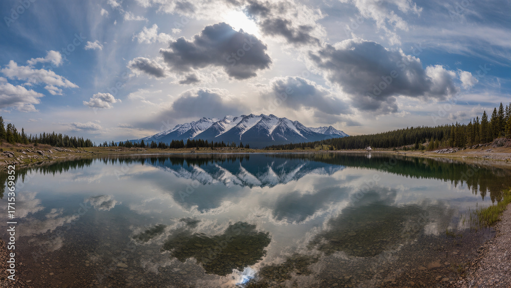 Obraz premium Stunning Panoramic Reflection of Snow Capped Mountains and Forest in Lake