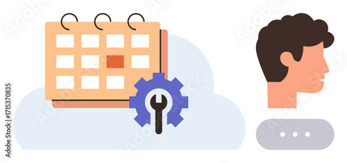 Calendar with gear overlay, headshot icon, and cloud background. Ideal for planning, scheduling, productivity, account settings, task management organization workflow. Simple flat metaphor