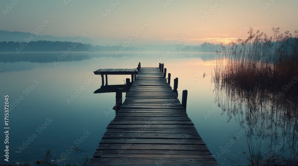 Naklejka premium Serene Lake Pier Sunrise: Peaceful Nature Landscape