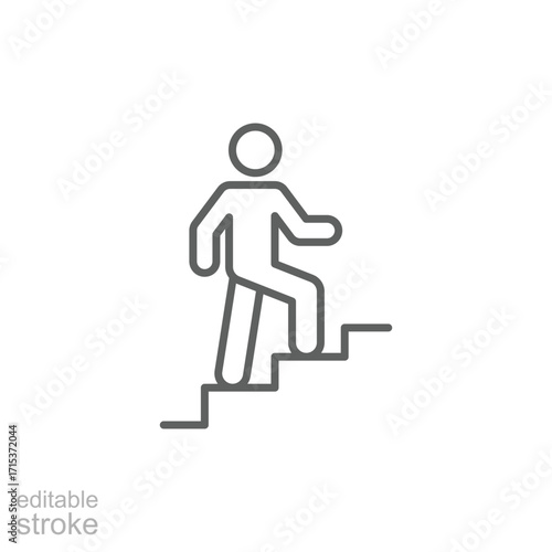 Man climbs the stairs icon. Simple outline style. Stair, walk, climb, staircase, step, up, career, person, rise, level, business concept. Thin line symbol. Isolated design editable stroke.