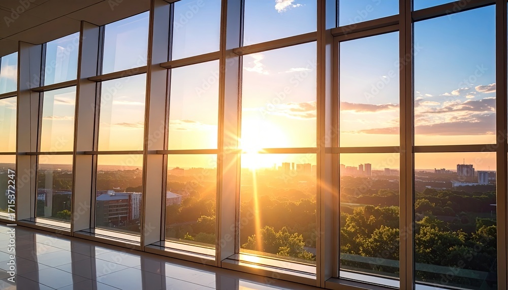 Fototapeta premium Panoramic View Through Glass Windows in Modern Building at Sunset Over Urban Landscape