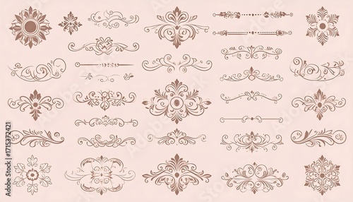 A collection of ornate, decorative elements featuring elegant floral and scroll designs in warm taupe tones on a light peach background.