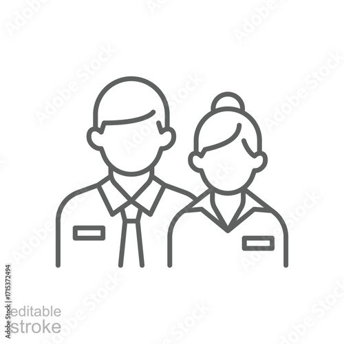 Company staff icon. Simple outline style. Man and woman in uniform, worker, employee, couple, official business representatives concept. Thin line symbol. Isolated design editable stroke.