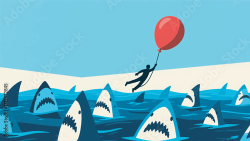 Illustration Of A Person Flying Using A Balloon To Escape From A Shark Vector Design Template