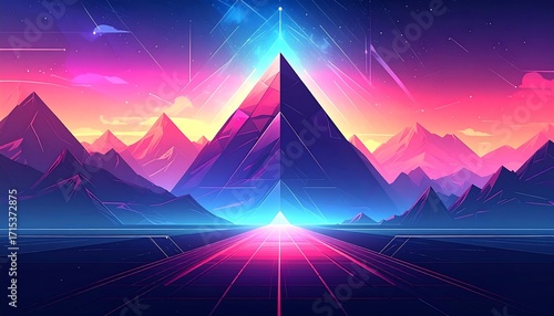 A vibrant, geometric artwork depicts a surreal landscape with mountains, a central pyramid, and glowing neon pathways