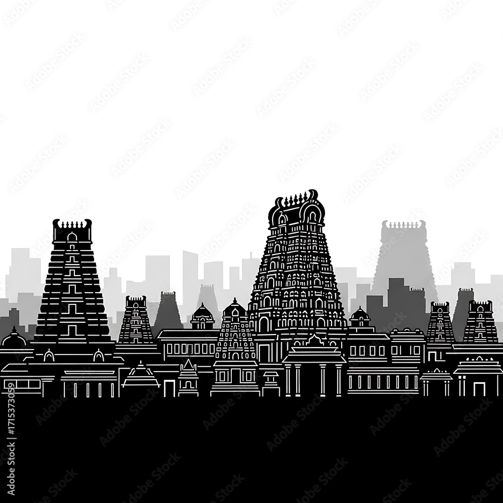 Obraz premium A black and white silhouette illustration of ancient temples and city buildings, showcasing intricate architectural details.