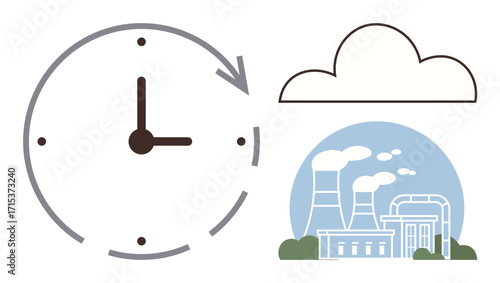 Clock arrow indicates time or recycling, industrial plant emits smoke under a cloud. Ideal for sustainability, pollution, environment, climate change, industrialization, energy future. Simple flat