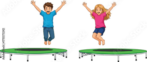 Happy children jumping on trampoline, active boy and girl playing outdoors, fun exercise, healthy lifestyle, cartoon kids illustration, energetic activity, childhood joy