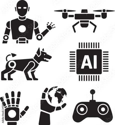 Future tech icons AI robot drone dog globe control remote