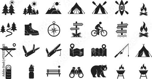 Camping outdoor adventure icons set with tents, campfire, mountains, hiking, fishing, compass, bicycle, backpack, wildlife, barbecue, travel, exploration