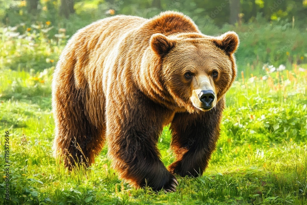 Fototapeta premium large brown bear walking through green grassy meadow surrounded by wildflowers and soft sunlight
