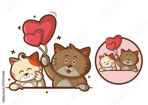 Cats Holding Heart Balloon Cute Vector