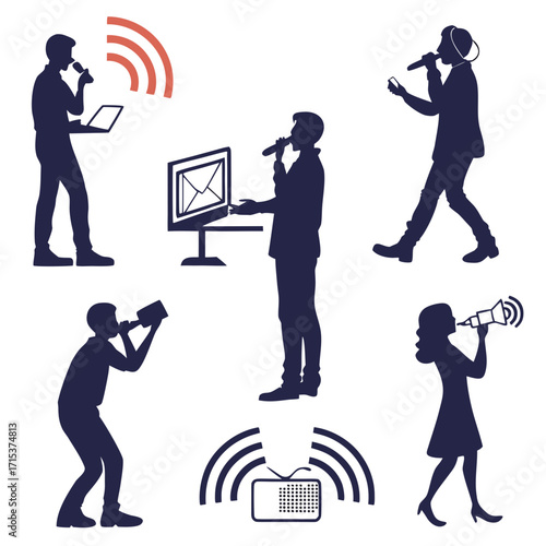 “Communication silhouette vector pack: people talking, phone calls, video chats, news, broadcasting, microphones, media icons for digital communication, marketing branding, and modern lifestyle design