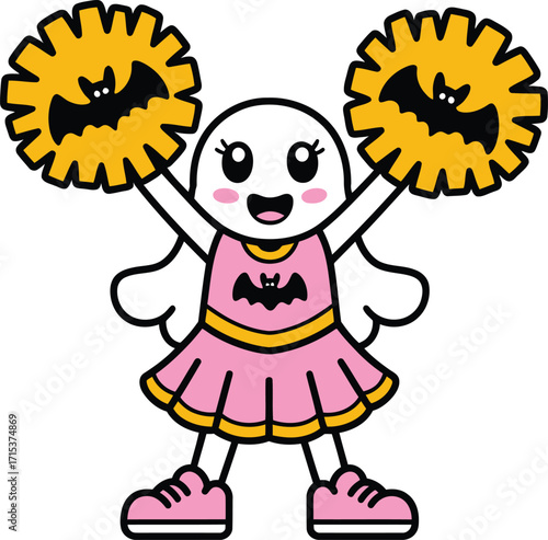 Cute ghost character in pink cheerleader outfit holding bat pom poms