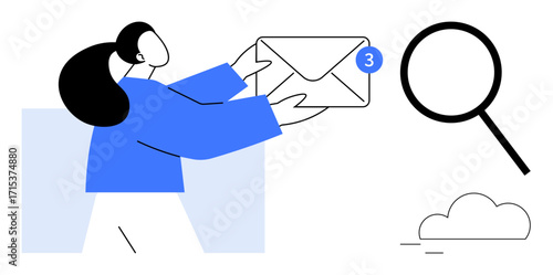 Woman holding an envelope with a notification badge, magnifying glass, and cloud. Ideal for communication, email marketing, productivity, search, notifications, cloud computing digital interaction