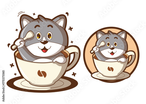Grey Cat Sitting in Coffee Cup Vector