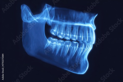 Glowing blue 3D rendering of a jawbone and teeth