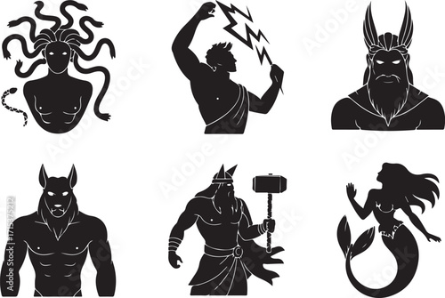 Mythic figures collection powerful gods and creatures silhouettes
