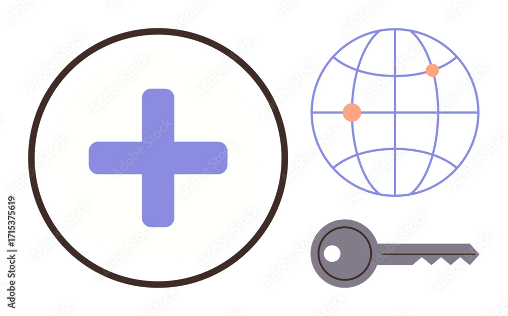 Fototapeta premium Circular plus sign, globe with connection points, and key highlight access, security, and worldwide connection. Ideal for healthcare, technology, data protection, global reach innovation trust