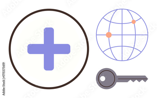 Circular plus sign, globe with connection points, and key highlight access, security, and worldwide connection. Ideal for healthcare, technology, data protection, global reach innovation trust
