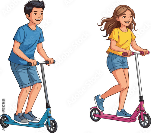 Happy kids riding scooters outdoors, boy and girl playing together, children activity, healthy lifestyle, summer fun, cartoon illustration, active childhood exercise