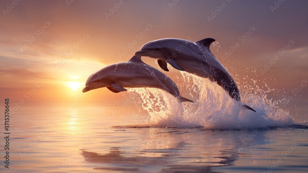 Obraz premium Two dolphins jumping out of the water at sunset with the sun setting in the background and water splashing around them