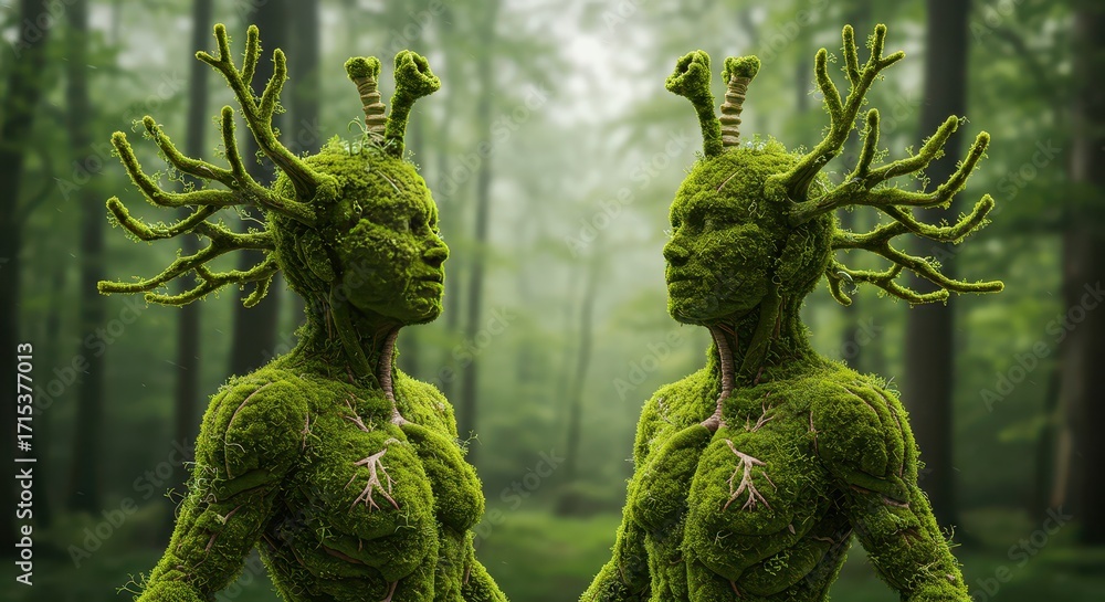 Obraz premium Guardians of the Forest: Two moss-covered figures, intertwined with the very essence of the woods, stand as sentinels. Their unique form and otherworldly presence evoke a sense of mystery and nature.