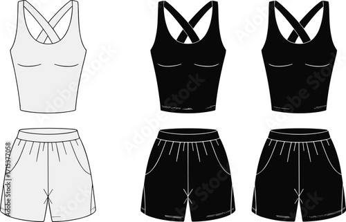 Stylish and comfortable sportswear set for women, including a sports bra and shorts with criss-cross straps, ideal for yoga, fitness, and athletic wear design.