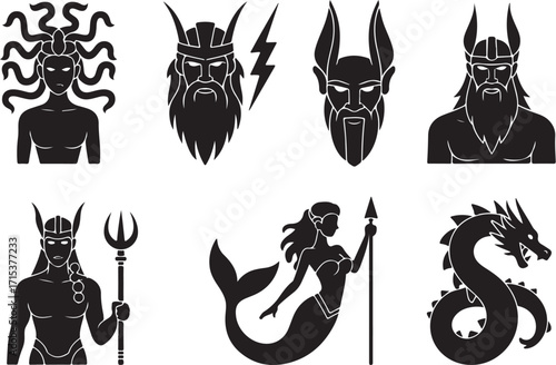 Mythical creature icons ancient gods legends fantasy heroes