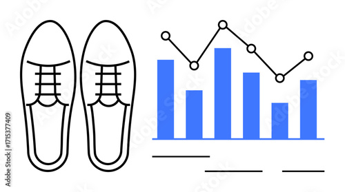 Pair of formal shoes next to bar and line graphs representing analytics and trends. Ideal for business, retail, marketing, statistics, growth analysis, fashion industry, and data-driven decisions. A