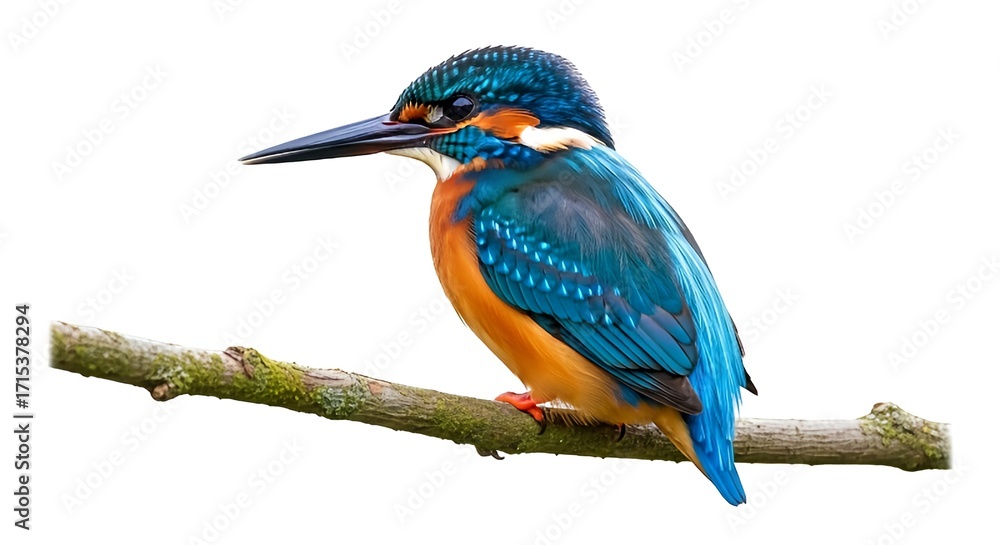 Obraz premium Kingfisher perches on mossy branch, nature's jewel