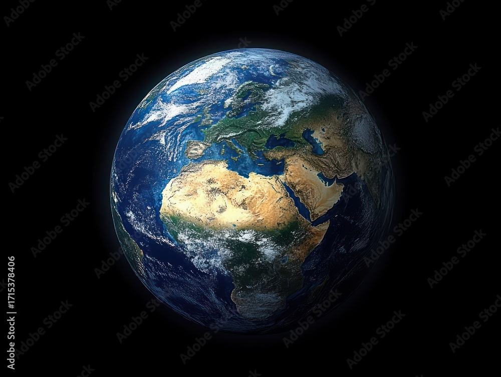 Fototapeta premium View of Earth from space showing detailed continents, oceans, and cloud formations with a focus on Africa, Europe, and the Middle East against a dark background