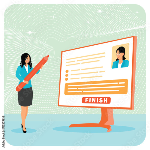Online questionnaire survey concept. Woman with pencil finish online questionnaire on computer.