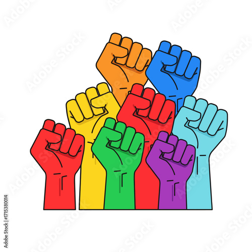 A group of raised fists in vibrant rainbow colors, symbolizing solidarity, protest, power, pride, and diverse unity.