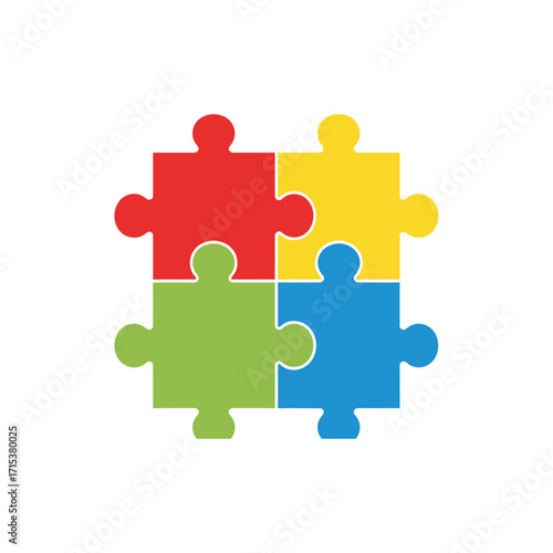 Four colorful interlocking jigsaw puzzle pieces, representing teamwork, problem-solving, connection, strategy, and the autism awareness symbol.