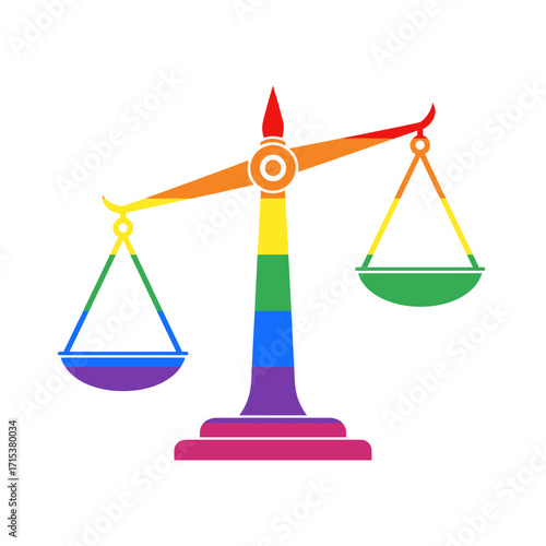 Scales of justice in rainbow pride colors, symbolizing LGBTQ rights, equality, and legal balance for all sexual orientations.