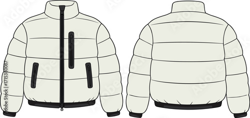 Contemporary men's puffer jacket design, a blank canvas for fashion illustration, featuring a high collar and multiple zipper pockets, ideal for technical apparel mockups.