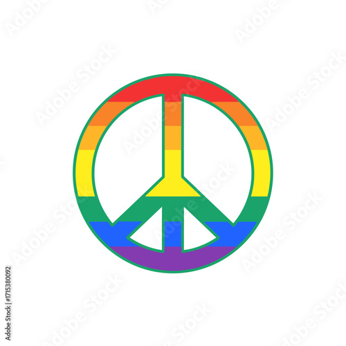 A classic peace symbol filled with the colors of the rainbow pride flag, representing peace, love, and LGBTQ equality.
