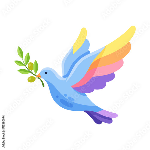 A colorful stylized dove of peace flying with an olive branch, symbolizing hope, harmony, freedom, and new beginnings.