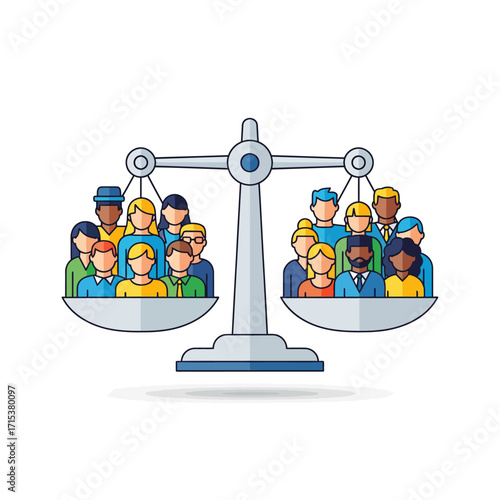 Scales of justice balancing diverse groups of people, illustrating social equality, fairness, human rights, and impartiality.