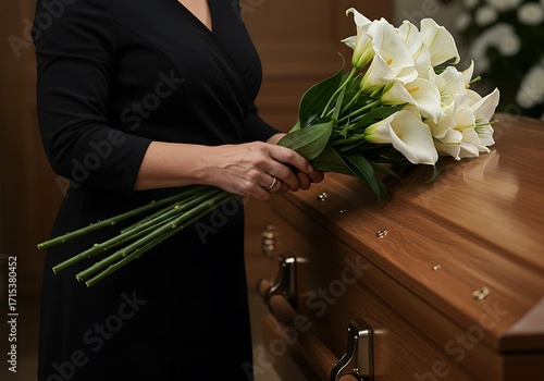 Woman Placing White Lilies on a Wooden Coffin at a Funeral. Generative Ai