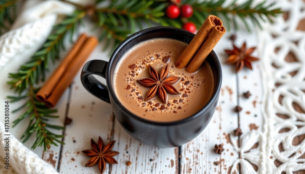 custom made wallpaper toronto digitalCozy winter holiday hot chocolate in a black mug topped with star anise and cinnamon stick on a festive white wooden table with greenery and spices