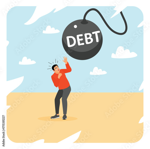 Debt concept. Man Overwhelmed by Debt with Giant Falling Weight.