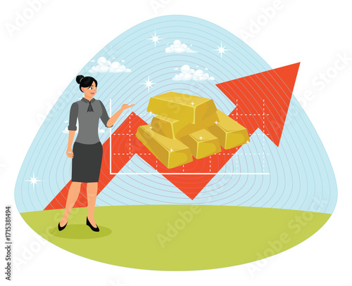 Gold investment concept. Elegant Business Woman invests gold with Rising Arrow.