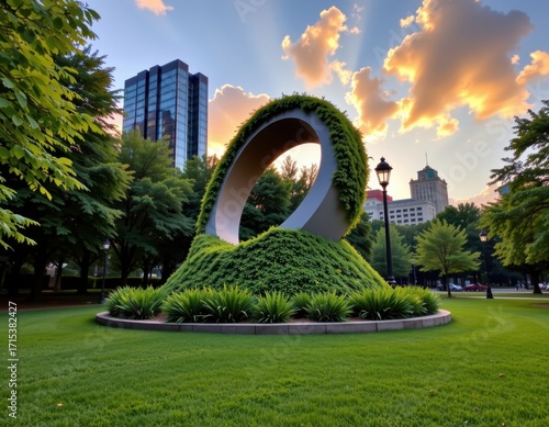 Modern urban park with a large circular metal sculpture surrounded by lush greenery trees and grass at sunset with cityscape skyscrapers in the background