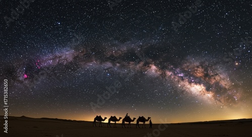 Caravana de Camelos no Deserto Noturno Sob Estrelas