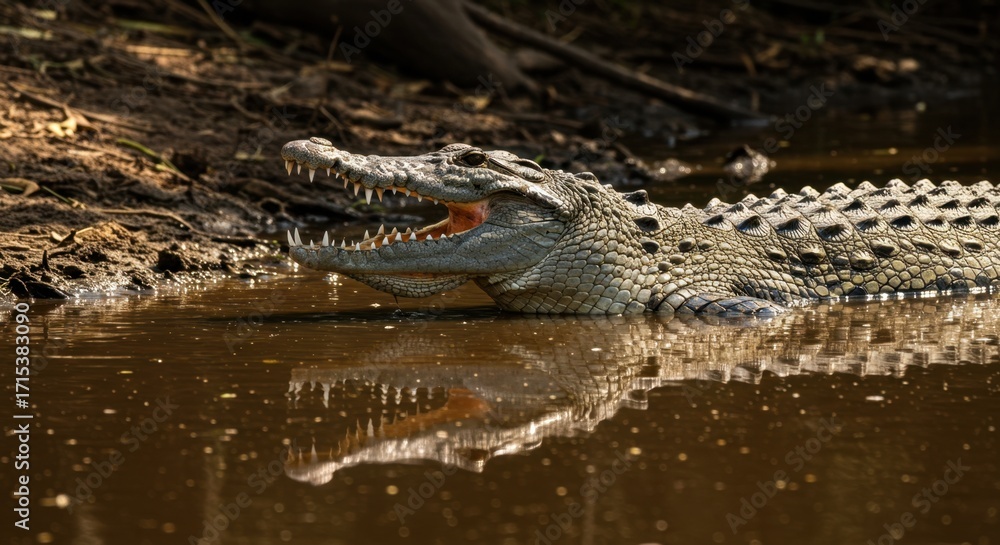 Fototapeta premium Crocodilo com Boca Aberta em Rio Raso Sob Luz do Sol